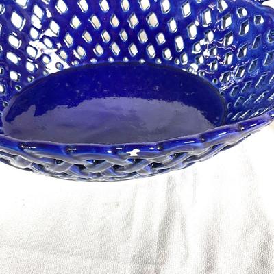 1252 Vintage Blue Ceramic MMA Reticulated Bowl with Vintage Dutch Blue Eyed Dog Figure