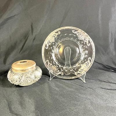 1256 Vintage Silverplated Glass Plate with Glass Hair Receiver