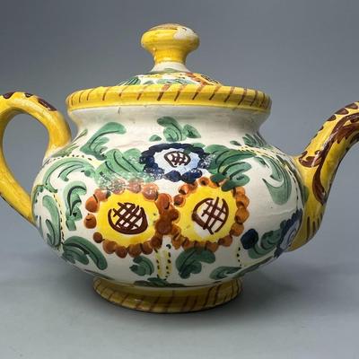 Vintage Signed Italian Pottery Ceramic Yellow Floral Motif Filter Teapot