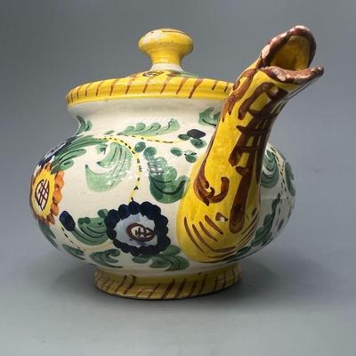 Vintage Signed Italian Pottery Ceramic Yellow Floral Motif Filter Teapot
