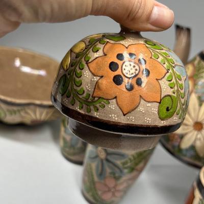 Vintage Made in Mexico Glazed Pottery Colorful Folk Art Mexican Flower Pattern Bowl, Cup, & Teapot Set