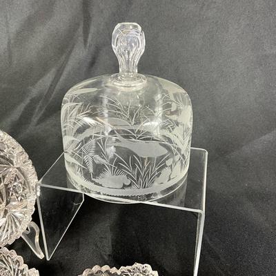 1269 Antique American Brilliant Cut Crystal Bowls, Etched Glass Dome Top, & Uranium Salts