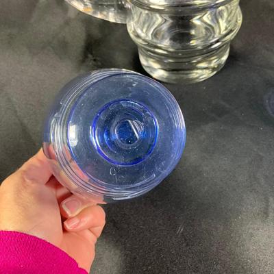 1270 Vintage Italian Glass Pitcher and Handblown Blue Pedestal Water Glasses