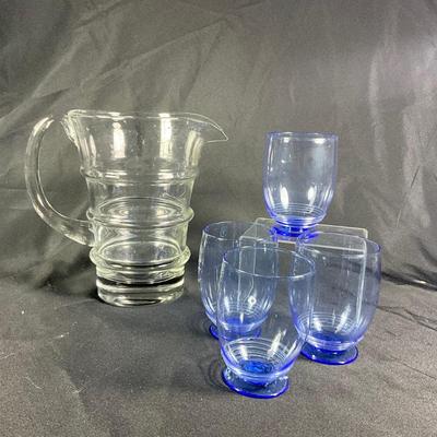 1270 Vintage Italian Glass Pitcher and Handblown Blue Pedestal Water Glasses