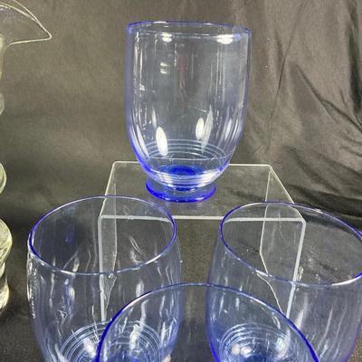 1270 Vintage Italian Glass Pitcher and Handblown Blue Pedestal Water Glasses
