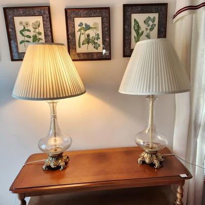 Pair Heavy Etched Glass Table lamps