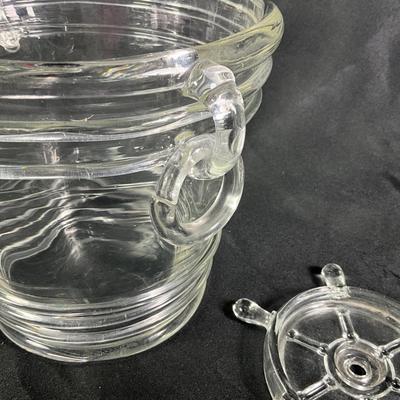 1271 Vintage Handblown Clear Glass Wine Bucket with Ship's Wheel Wine Bottle Coaster