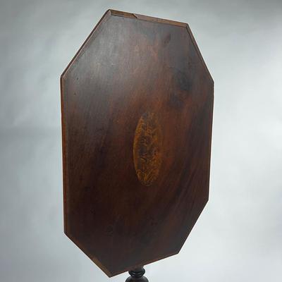 1262 Antique Mahogany Oval Inlay Tilt Top Table Candle-stand