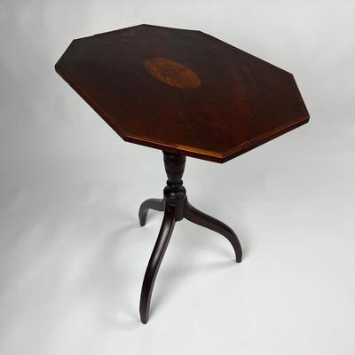 1262 Antique Mahogany Oval Inlay Tilt Top Table Candle-stand