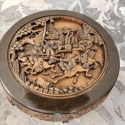 Chinese Wood Carved tea Table w 4 stools 29dia X20.5