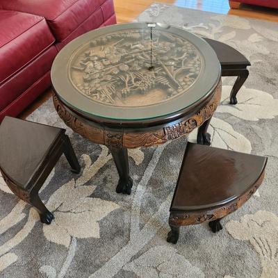 Chinese Wood Carved tea Table w 4 stools 29dia X20.5