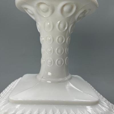 Vintage Large White Milk Glass Diamond Pattern Hobnail Ruffled Top Pedestal Fruit Bowl