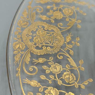 Vintage Clear Glass Gold Bridal Bouquet Pattern Art Nouveau Hollywood Regency Serving Presentation Dish