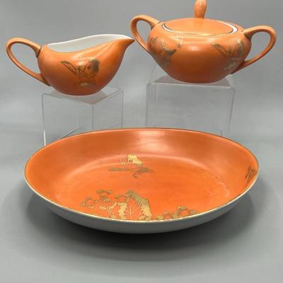 Vintage Dorothy C. Thorpe California Mid Century Gold Trim Persimmon Design Bisque Sugar Bowl, Creamer Pitcher & Dish