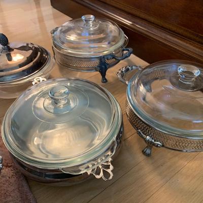Several Pieces Silver Plate Pyrex Cooking / Serving Pieces