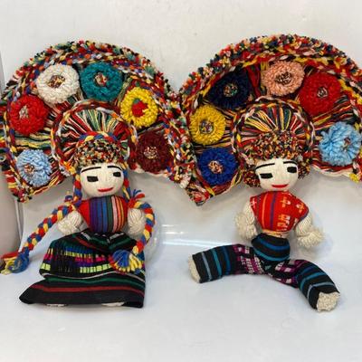 Pair of Colorful Ethnic Mexican Traditional Hand Made Vacation Souvenir Yarn Dolls