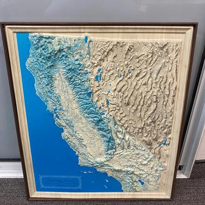 Retro Vintage Plastic Blow Mold 3D Elevation Map of California Framed