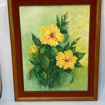 Vintage Retro Amateur Unsigned Flower Yellow Hibiscus Painting Framed Art
