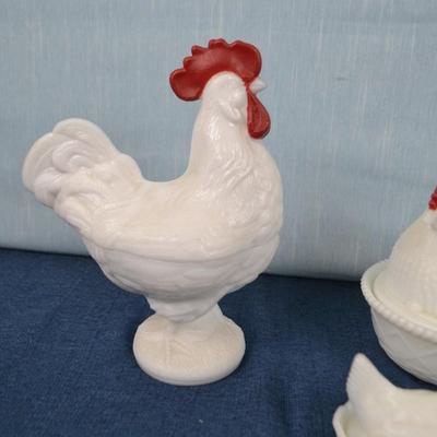 LOT 410. THREE MILK GLASS CHICKENS
