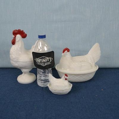 LOT 410. THREE MILK GLASS CHICKENS