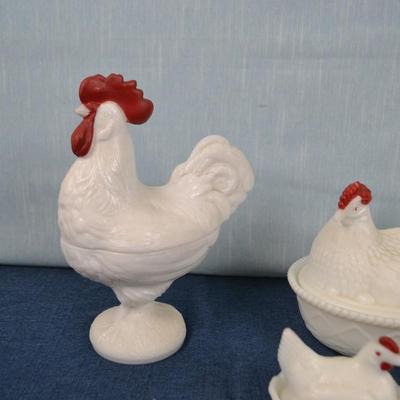 LOT 410. THREE MILK GLASS CHICKENS