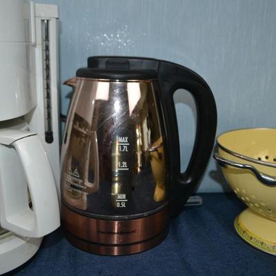 LOT 411. KRUPS COFFEE MAKER, ELECTRIC WATER KETTLE AND VINTAGE ROOSTER STRAINER