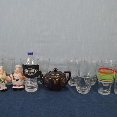 LOT 425.  MISC ITEMS GLASSES, TEA POT, SALT AND PEPER SHAKERS