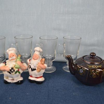 LOT 425.  MISC ITEMS GLASSES, TEA POT, SALT AND PEPER SHAKERS