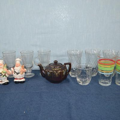 LOT 425.  MISC ITEMS GLASSES, TEA POT, SALT AND PEPER SHAKERS