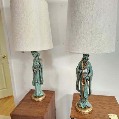 Pair Mid Century Asian Table Lamps Universal Statuary 1958