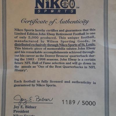 1983 WILSON BRONCO'S JOHN ELWAY FOOTBALL NIKO SPORTS BALL WITH CERTIFICATE OF AUTHENTICITY