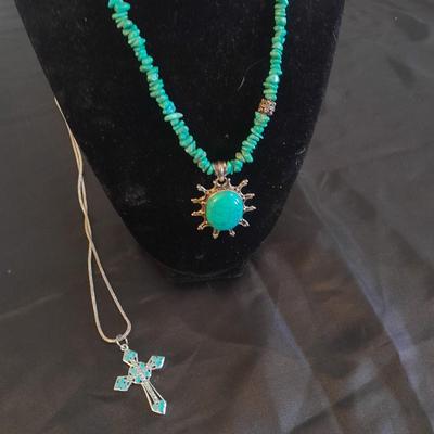 TWO NECKLACES TURQUOISE AND BLING CROSS