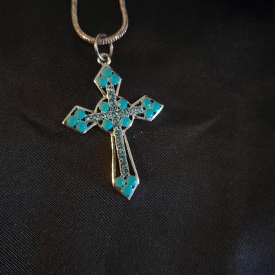 TWO NECKLACES TURQUOISE AND BLING CROSS