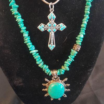 TWO NECKLACES TURQUOISE AND BLING CROSS