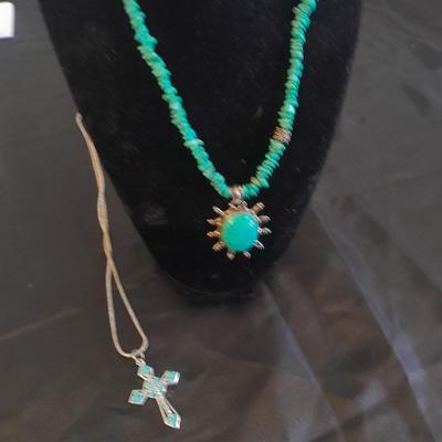 TWO NECKLACES TURQUOISE AND BLING CROSS