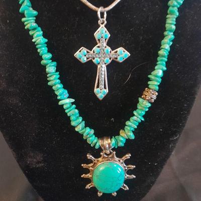 TWO NECKLACES TURQUOISE AND BLING CROSS