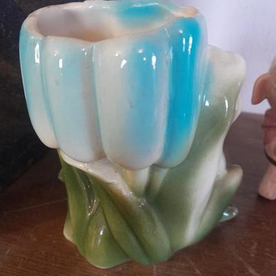 VINTAGE CERAMIC PLANTERS / FIGURES, FROG, LAMB WITH CART AND A BABY SHOE