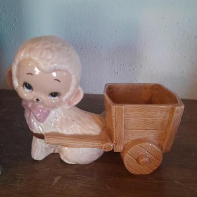VINTAGE CERAMIC PLANTERS / FIGURES, FROG, LAMB WITH CART AND A BABY SHOE