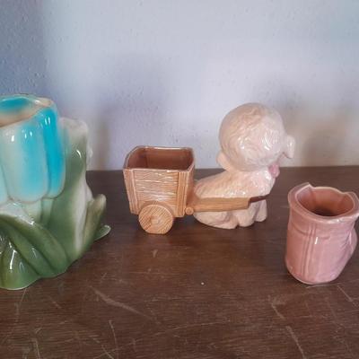 VINTAGE CERAMIC PLANTERS / FIGURES, FROG, LAMB WITH CART AND A BABY SHOE
