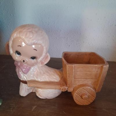 VINTAGE CERAMIC PLANTERS / FIGURES, FROG, LAMB WITH CART AND A BABY SHOE