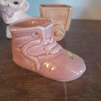 VINTAGE CERAMIC PLANTERS / FIGURES, FROG, LAMB WITH CART AND A BABY SHOE