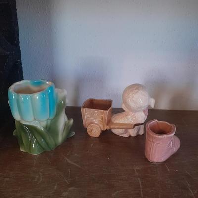 VINTAGE CERAMIC PLANTERS / FIGURES, FROG, LAMB WITH CART AND A BABY SHOE