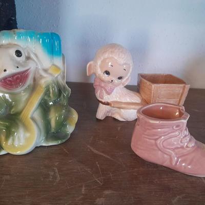 VINTAGE CERAMIC PLANTERS / FIGURES, FROG, LAMB WITH CART AND A BABY SHOE