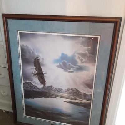 "PEACEFUL VALLEY"" FRAMED SOARING EAGLE PICTURE SIGNED AND NUMBERED LORI SALISBURY 61/285