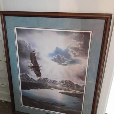 "PEACEFUL VALLEY"" FRAMED SOARING EAGLE PICTURE SIGNED AND NUMBERED LORI SALISBURY 61/285