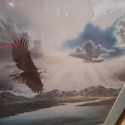 "PEACEFUL VALLEY"" FRAMED SOARING EAGLE PICTURE SIGNED AND NUMBERED LORI SALISBURY 61/285