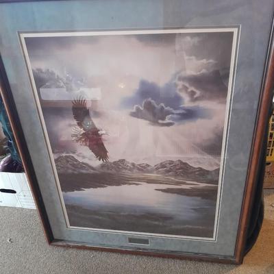 "PEACEFUL VALLEY"" FRAMED SOARING EAGLE PICTURE SIGNED AND NUMBERED LORI SALISBURY 61/285