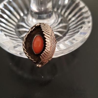 Coral stone, Sterling, and Feather design ring