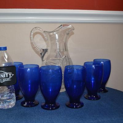 LOT 548 BLUE GLASSWARE WITH CRYSTAL PITCHER