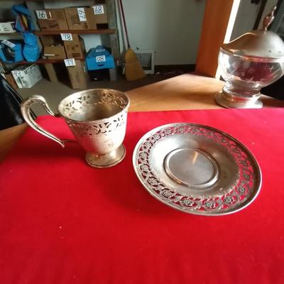 SILVER CUP AND SAUCER AND SUGAR BOWL